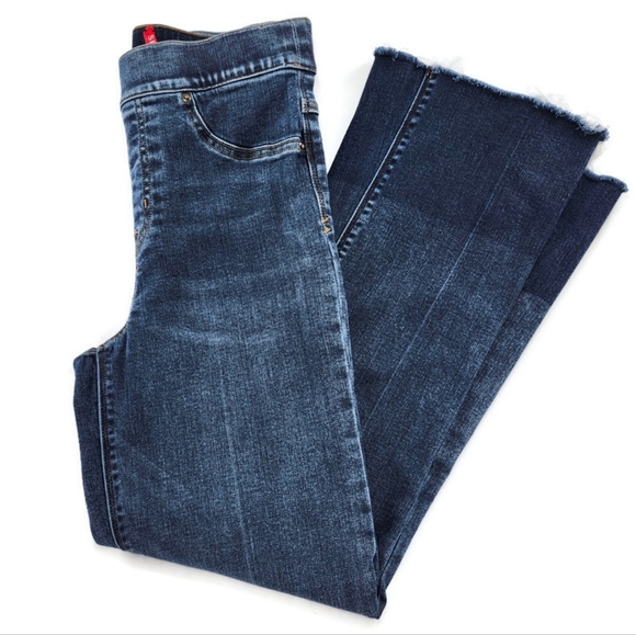 SPANX Denim - SPANX Dip-Die Medium Blue Wash High-Rise Crop Wide-Leg Raw Hem Denim Jeans